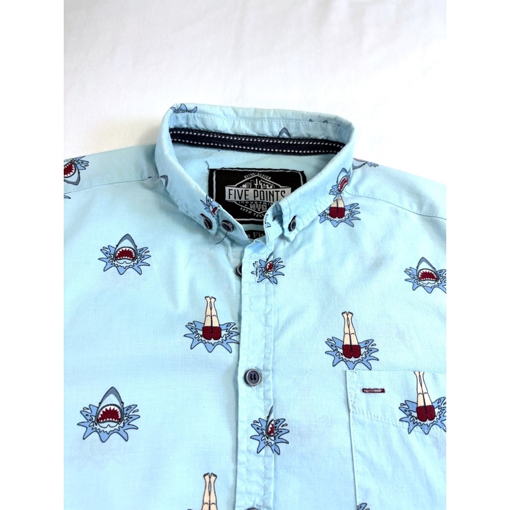 Five Points NYC Shark Print Button Up | Small | Turquoise Swim Retro Shirt